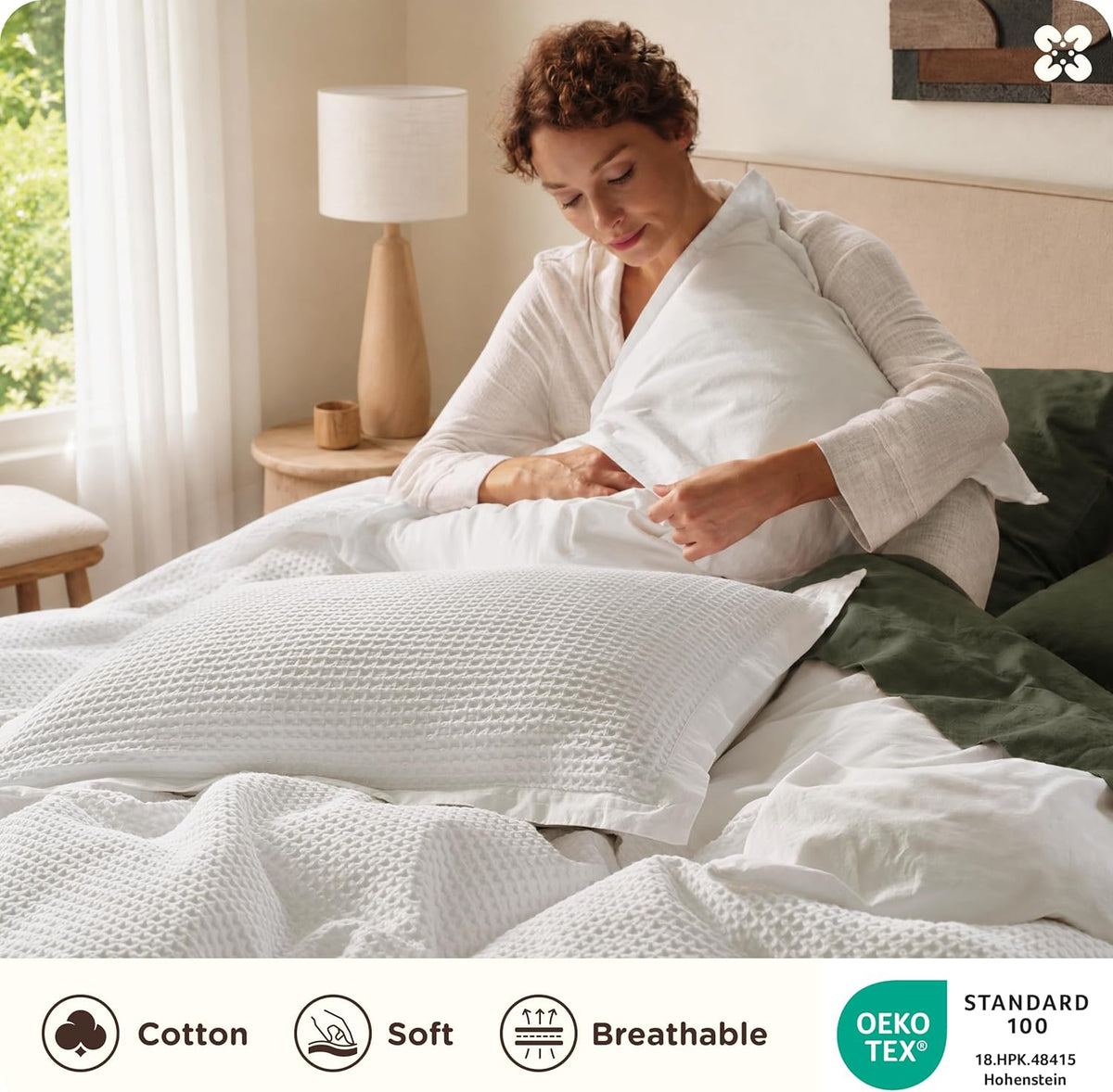 Bedsure PureWoven 3 Pieces 100% Cotton Waffle Duvet Cover Set, Queen, White