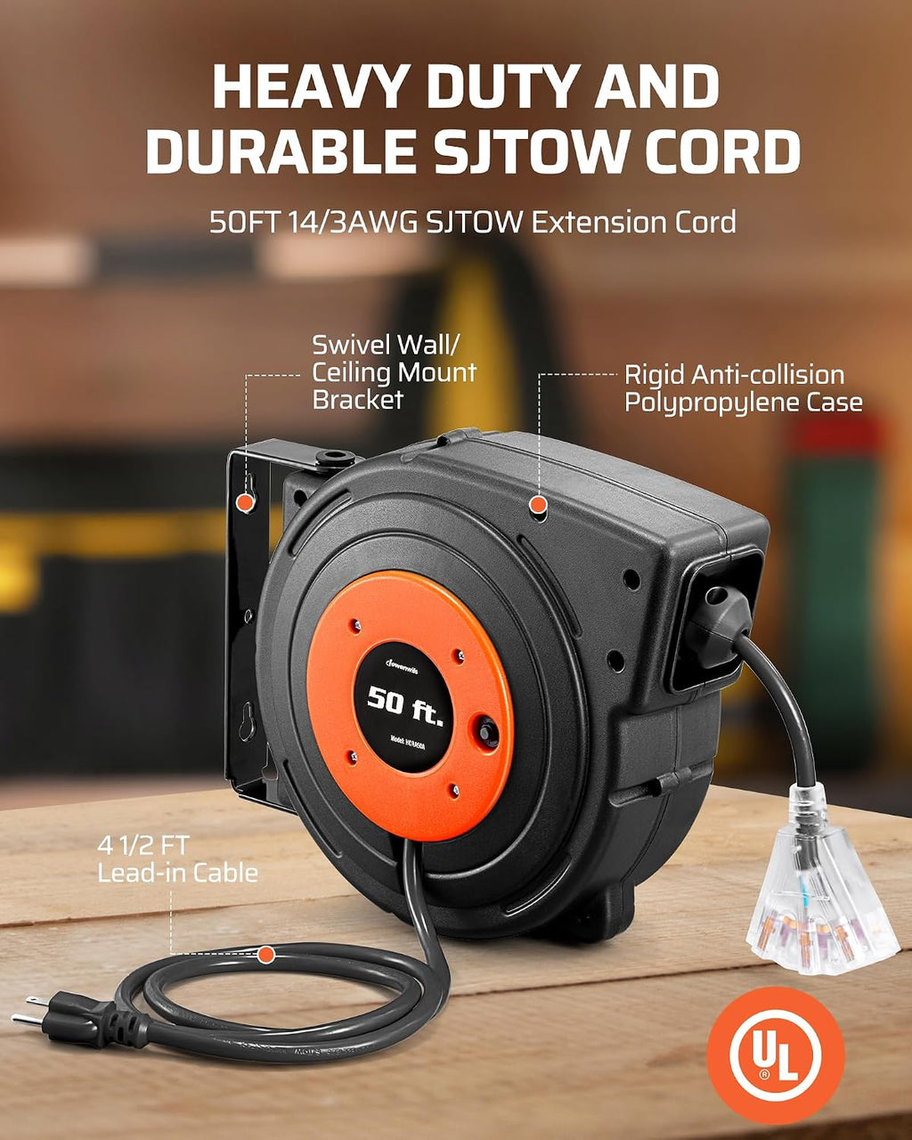 DEWENWILS 50FT Retractable Extension Cord Reel, 14AWG/3C SJTOW Cord Reel