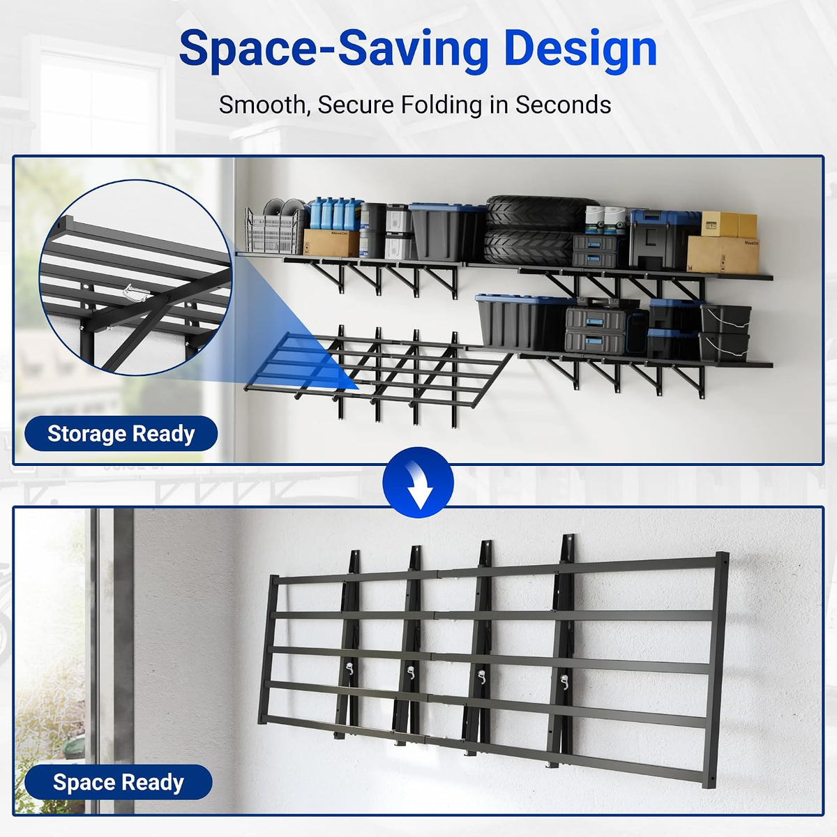 FLEXIMOUNTS Fold-Down 2-Pack 2x6ft Garage Wall Shelving, 1800lbs Load,Black
