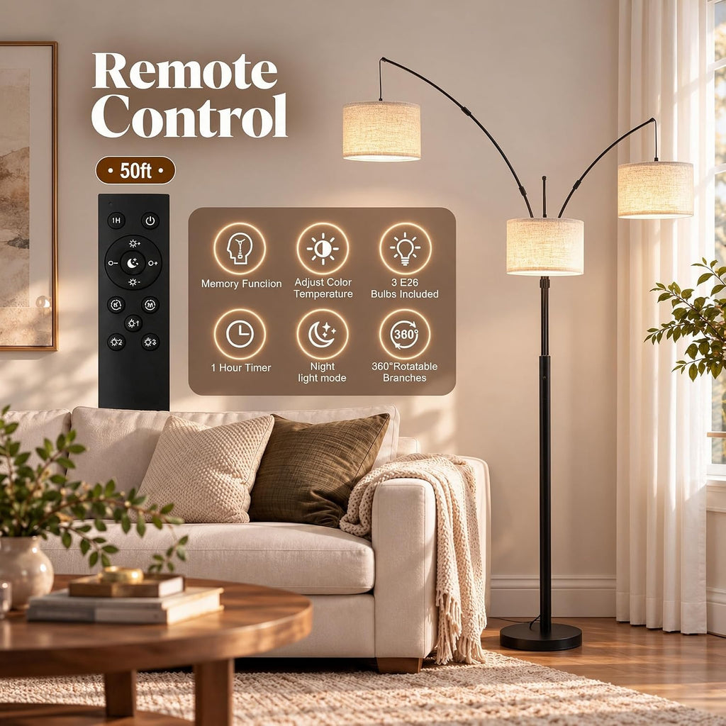3 Light Arc Floor Lamp with Remote, Beige Shade Black Pole