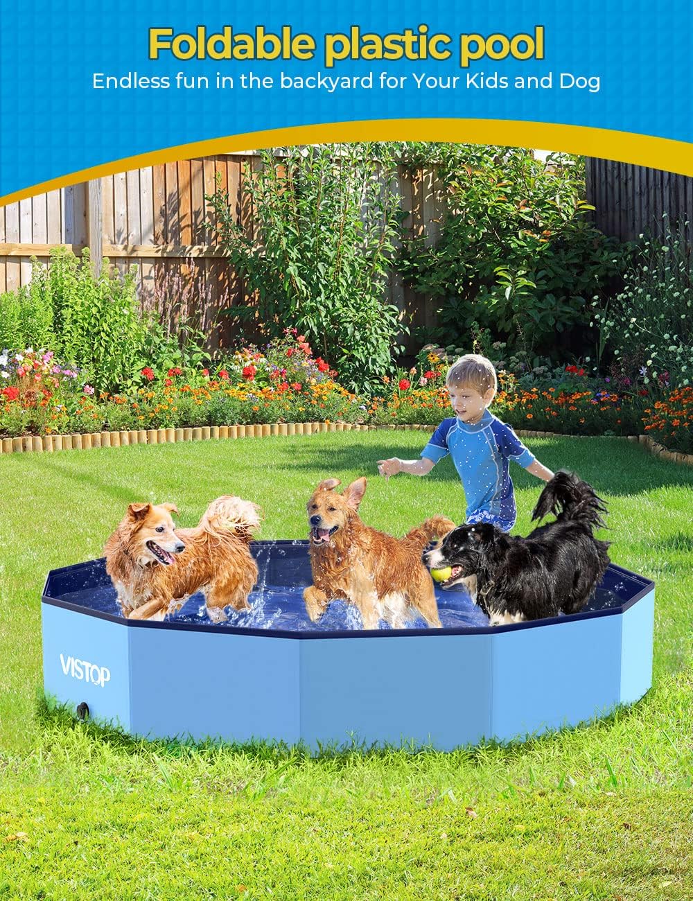 VISTOP Extra Large Foldable Dog Pool XXL, Hard Plastic Shell Portable Swimming Pool for Dogs Cats and Kids Pet Puppy Bathing Tub Collapsible Kiddie