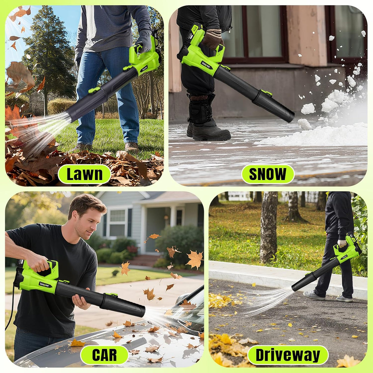 Leaf Blower Cordless 650CFM with 2x4.0Ah Battery & Fast Charger, Lime Green
