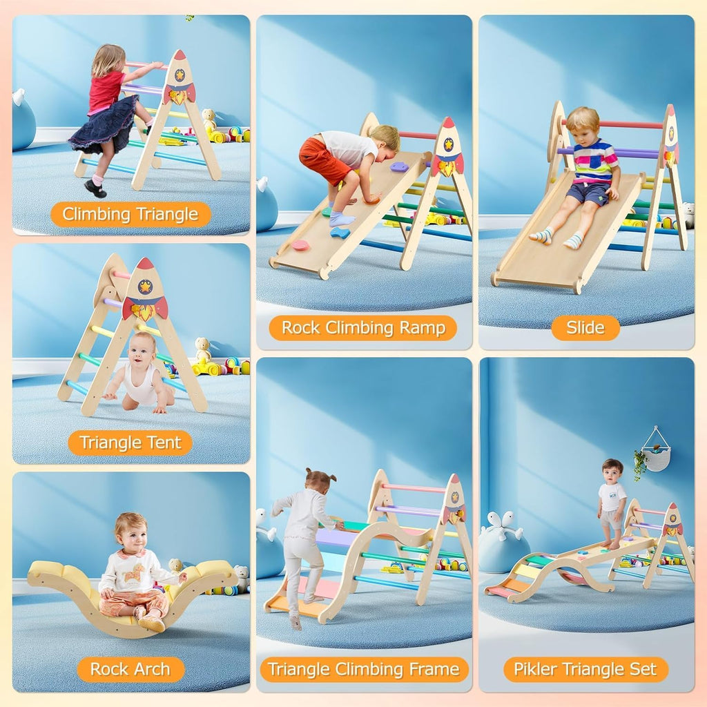 Pikler Triangle Set with Cushion, 9-in-1 Kids Climbing Toys for Toddlers 1-3 Inside, Montessori Toddler Climbing Toys Indoor, Large Wooden Pikler
