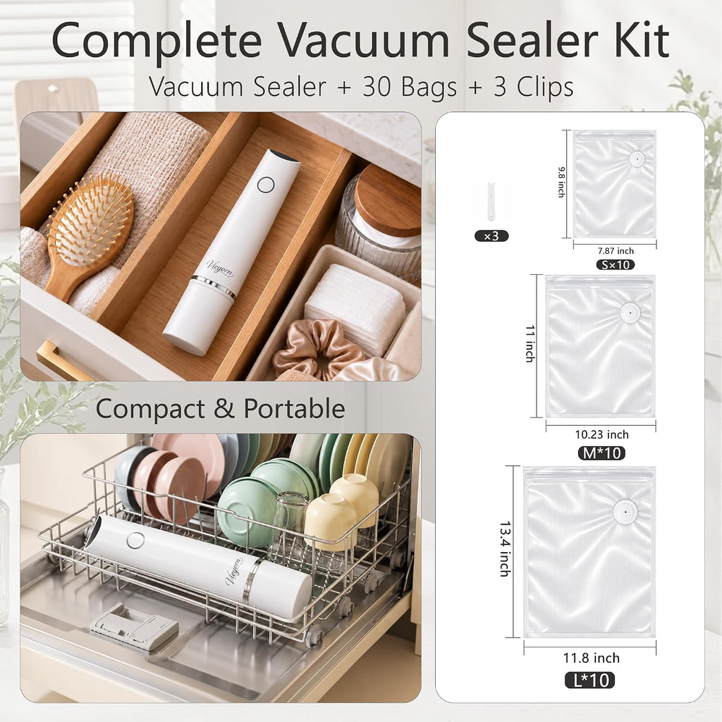 60kPa Compact Food Vacuum Sealer Kit with 30 Reusable Bags-10S/M/L
