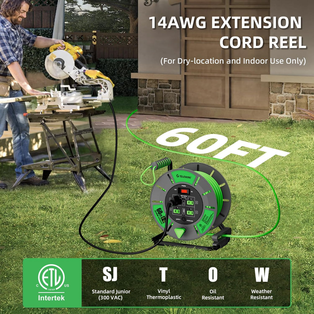 60 FT Retractable Extension Cord Reel, 14AWG SJTOW Heavy Duty Power Cord with 4 Grounded Outlets, USB-A & USB-C Ports, 13A Circuit Breaker, Hand