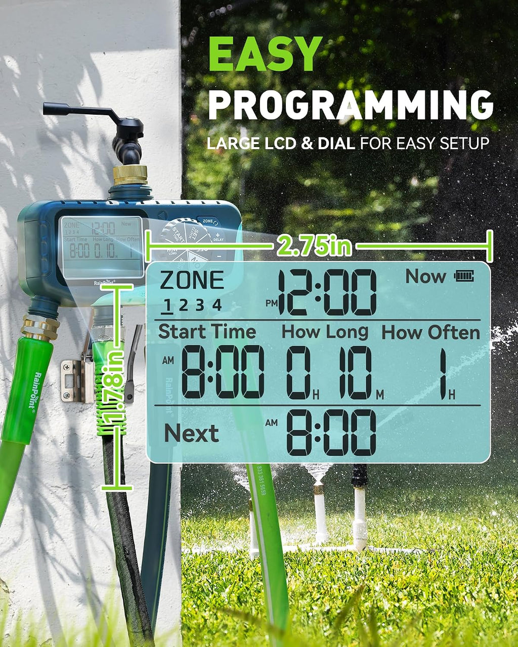 RAINPOINT Sprinkler Timer 4 Zone, Water Timer for Programmable, for Soaker Hose with Rain Delay/Manual/Automatic Watering System, Digital Irrigation