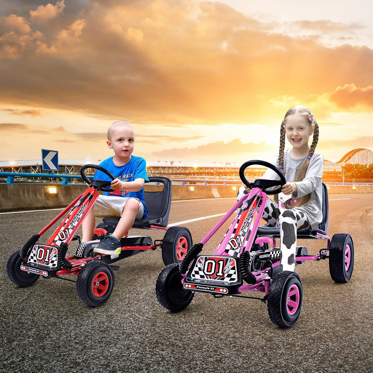 HONEY JOY Go Kart for Kids, 4 Wheel Quad Off-Road Pedal On Foot Go Cart w/Steering Wheels & Adjustable Seat, 2 Safety Brakes, EVA Tires, Clutch