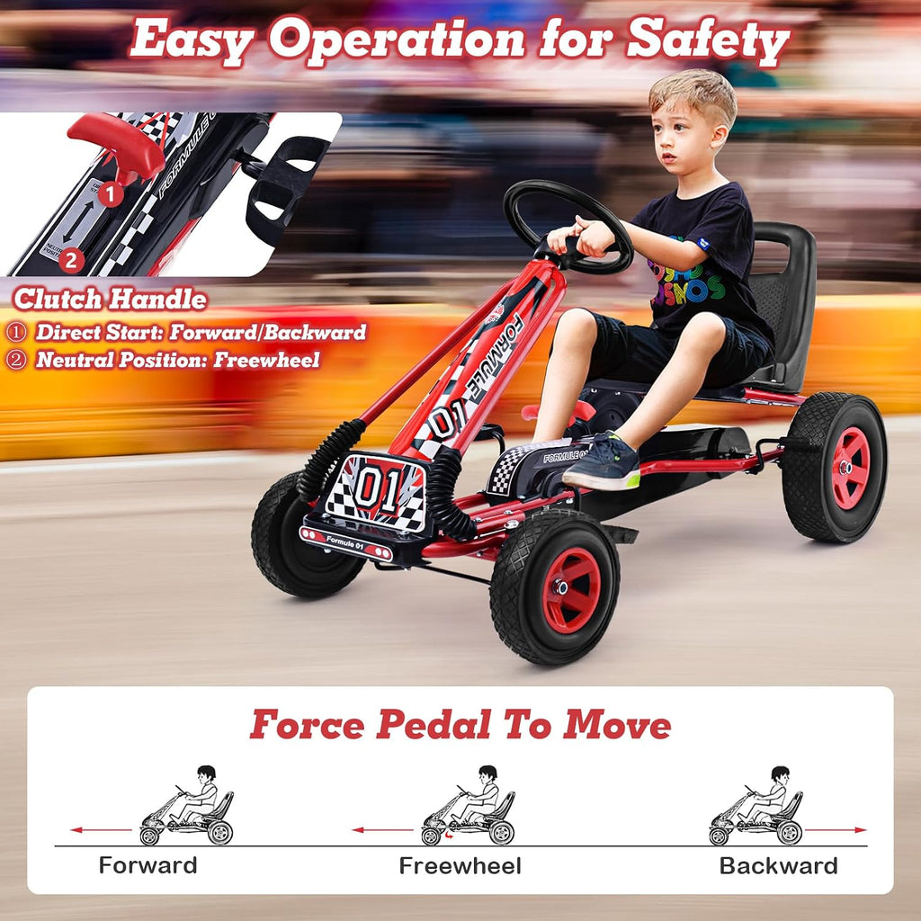 HONEY JOY Go Kart for Kids, 4 Wheel Quad Off-Road Pedal On Foot Go Cart w/Steering Wheels & Adjustable Seat, 2 Safety Brakes, EVA Tires, Clutch