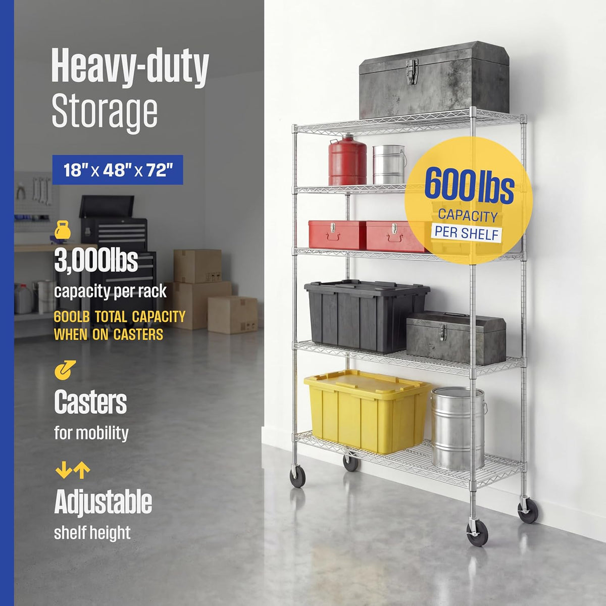 SafeRacks 5-Tier Wire Shelving with Wheels, NSF Heavy Duty 48x18x72 Rack