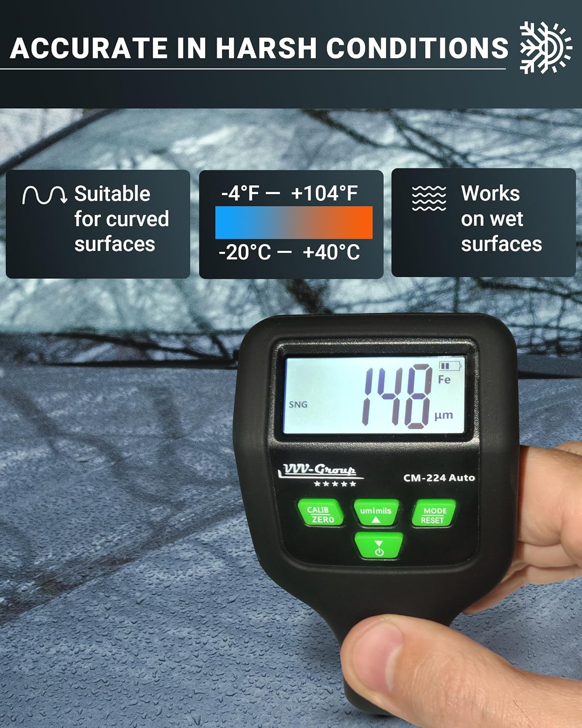 Paint Thickness Gauge CM-224 Auto – Digital Coating Thickness Meter for Cars and Automotive Inspection, Fe / Al / Fe+Zn Detection, 0.1 μm Resolution