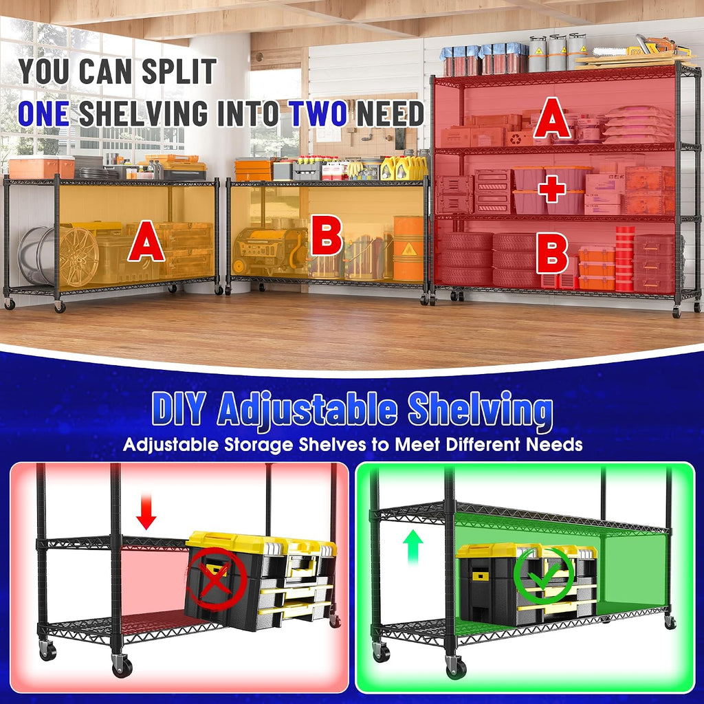 REIBII 4-Tier Heavy Duty Shelving with Wheels, 2480LBS Storage Shelf Rack