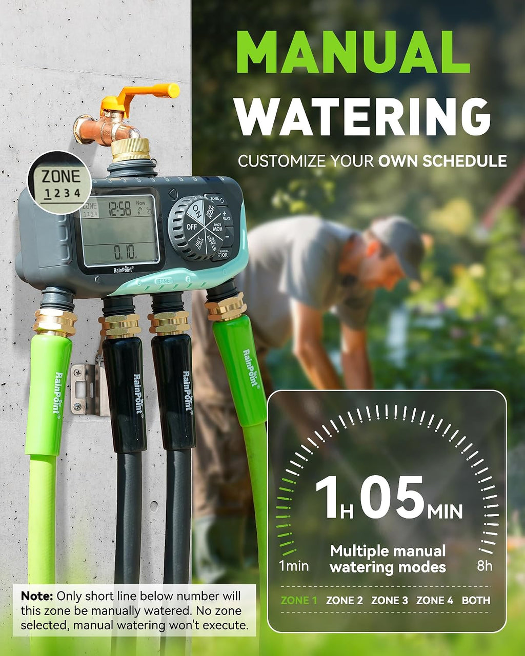 RAINPOINT Sprinkler Timer 4 Zone, Water Timer for Programmable, for Soaker Hose with Rain Delay/Manual/Automatic Watering System, Digital Irrigation