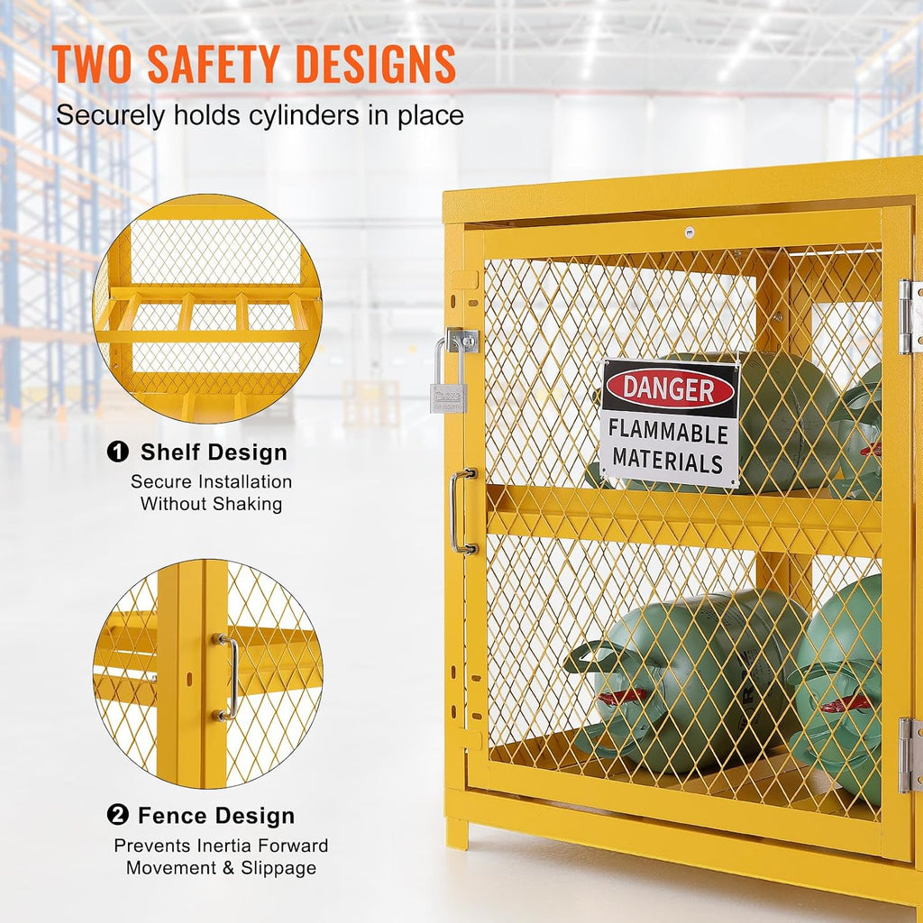 VEVOR Horizontal Cylinder Storage Cabinet, 4 Cylinder Capacity, 31x30x35 inch Propane Storage Cage, Gas Cylinder Cabinet with Yellow Powder Coat