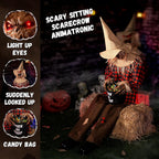 Halloween Animatronics Decorations Scary Sitting Scarecrow with Candy Bag, 55'' Animated Jumpscare Halloween Props with Sound & Motion Activated