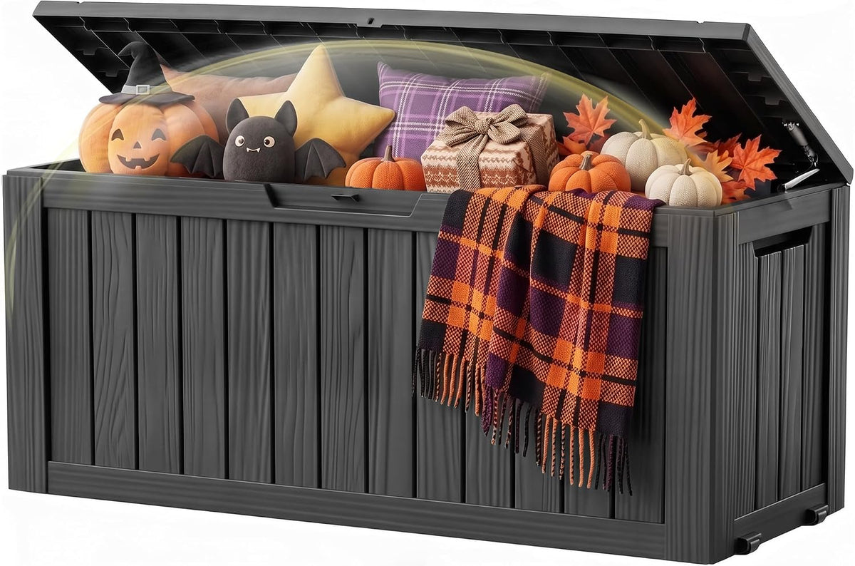 Outdoor Storage Box, 165 Gal Gen 2 Resin Deck Box w/ Gas Struts & Wheels