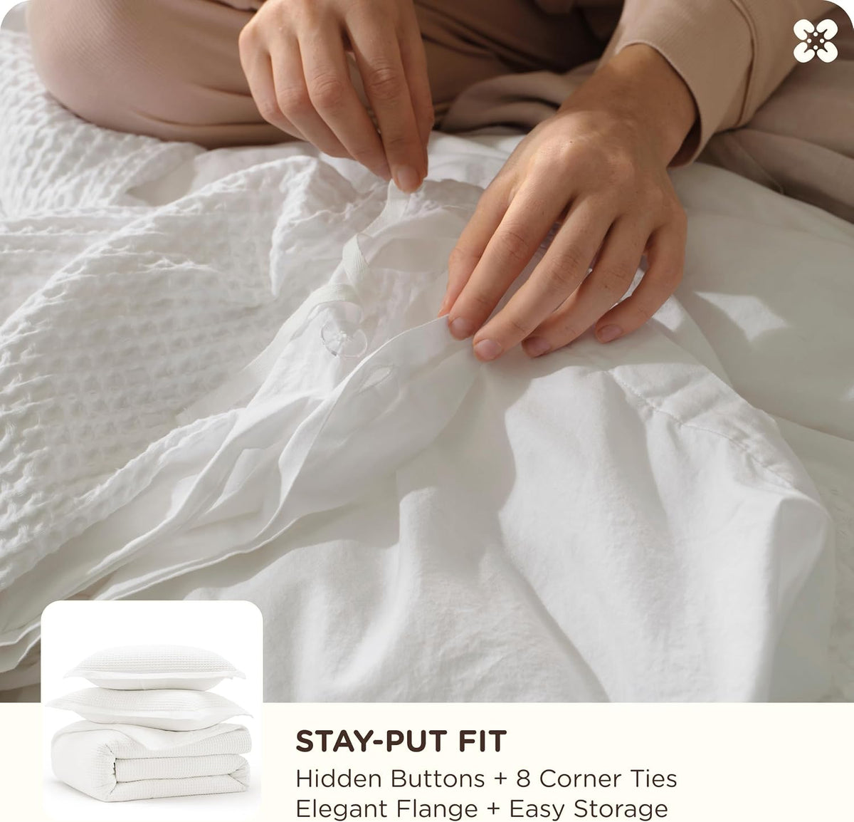 Bedsure PureWoven 3 Pieces 100% Cotton Waffle Duvet Cover Set, Queen, White