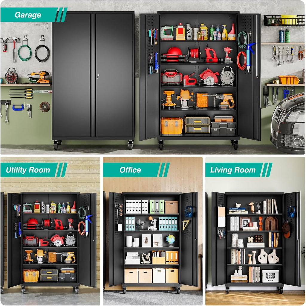 Wide & Deep Metal Storage Cabinet with Wheels,Tall Rolling Garage Storage Cabinet with Lock,Black Metal Cabinets with Shelves and Pegboards,Tool