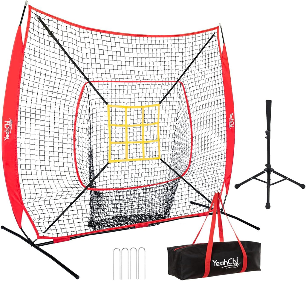 7x7 Ft Baseball and Softball Training Net with Batting Tee, Strike Zone Target, Portable Hitting and Pitching Practice Set