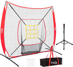 7x7 Ft Baseball and Softball Training Net with Batting Tee, Strike Zone Target, Portable Hitting and Pitching Practice Set