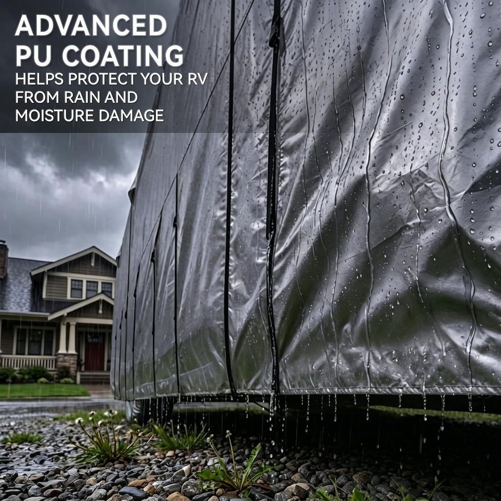 FRUNO Oxford Fabric Travel Trailer Cover RV Cover 24'-27' Waterproof Rip-Resistant Anti-UV Camper Cover for Winter Snow with Jack Cover 4 Tire Covers