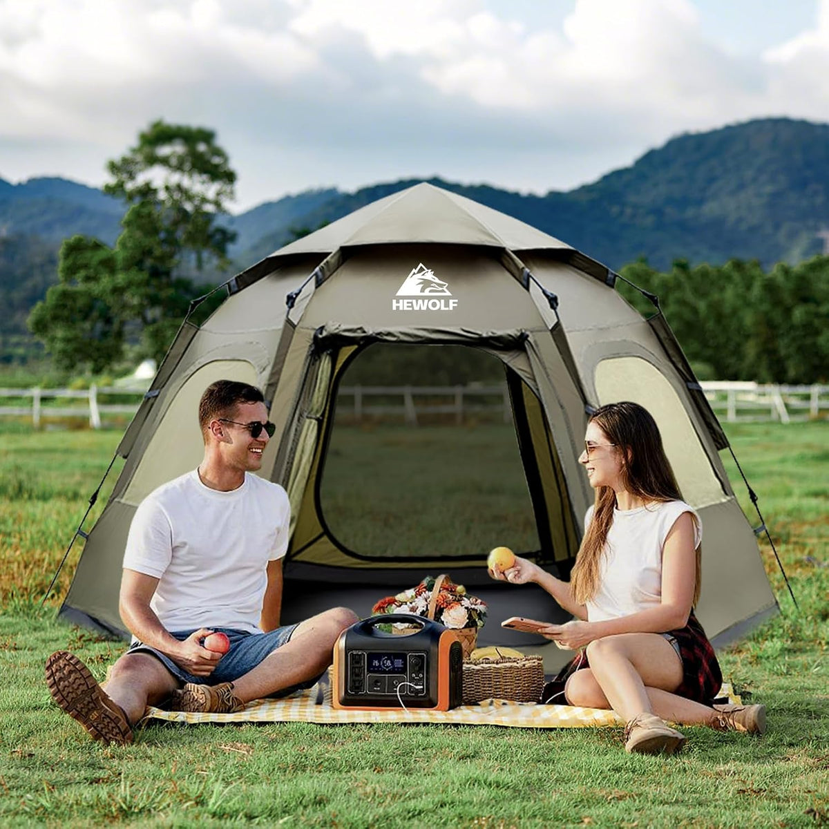 Hewolf 2/3/4 Person Camping Tent - Instant Pop Up Waterproof 2 Doors Tent with Easy Setup | 3-Season Hexagonal Dome Design for Family, Hiking &