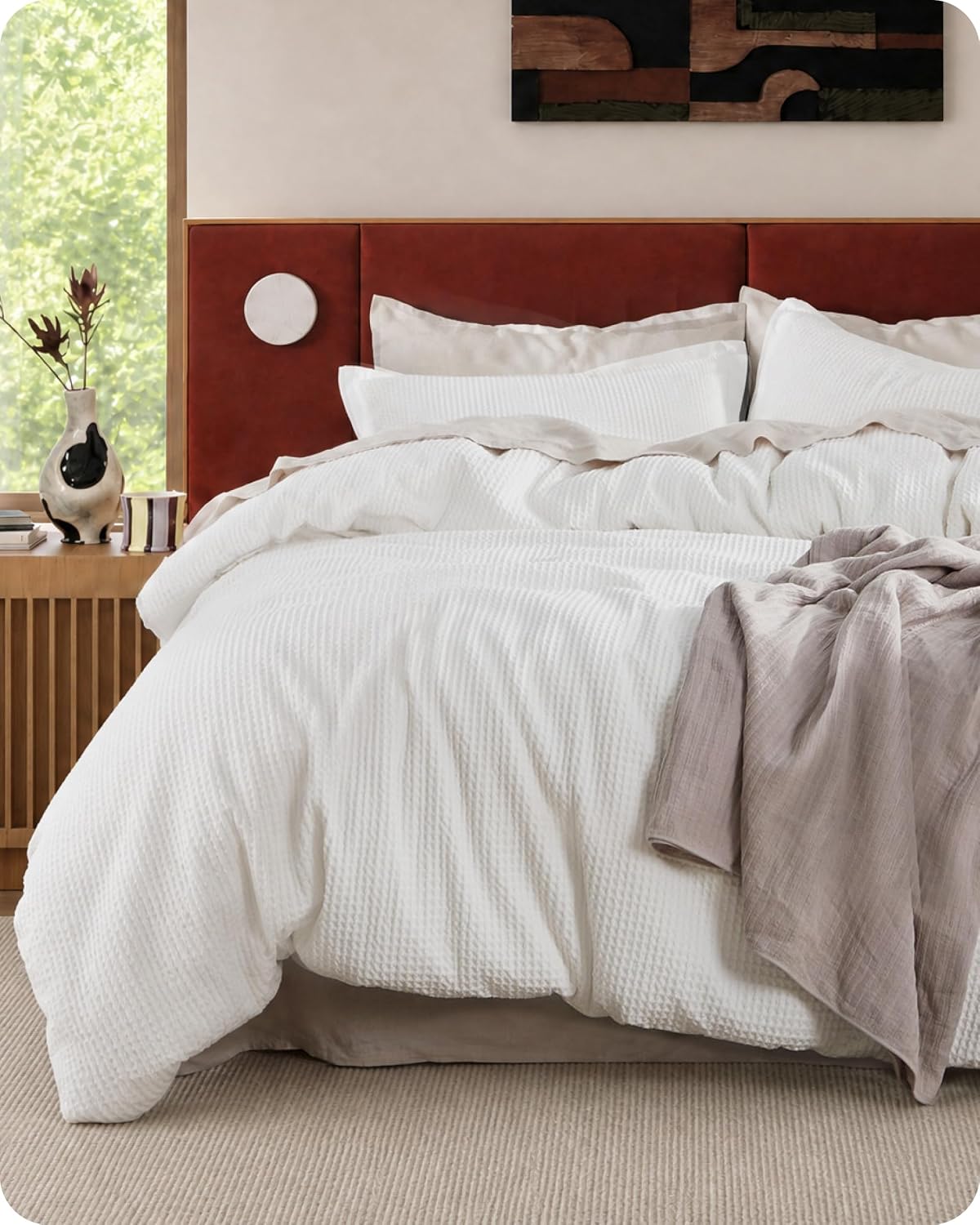 Bedsure PureWoven 3 Pieces 100% Cotton Waffle Duvet Cover Set, Queen, White