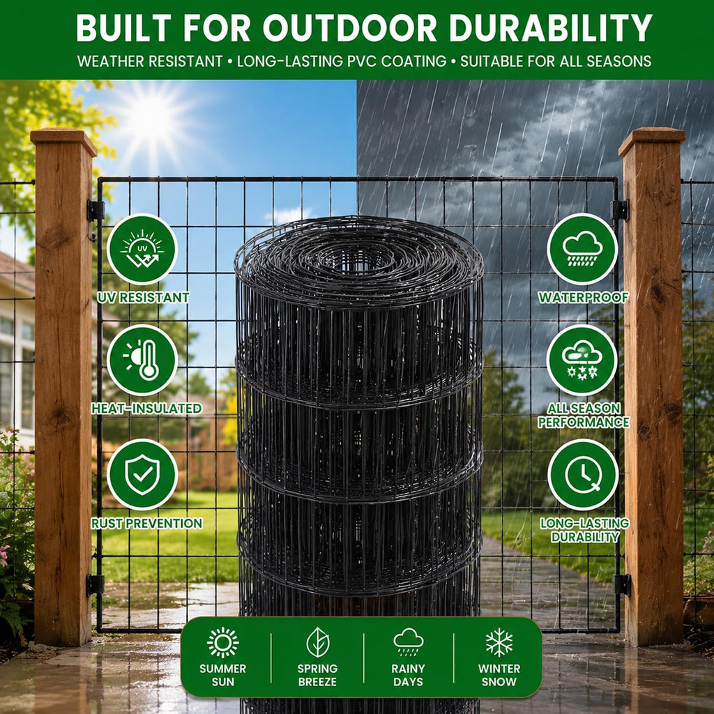 PVC Coated Welded Wire Mesh 16GA 48in x 100ft, 2x3 Mesh Black Fence Roll