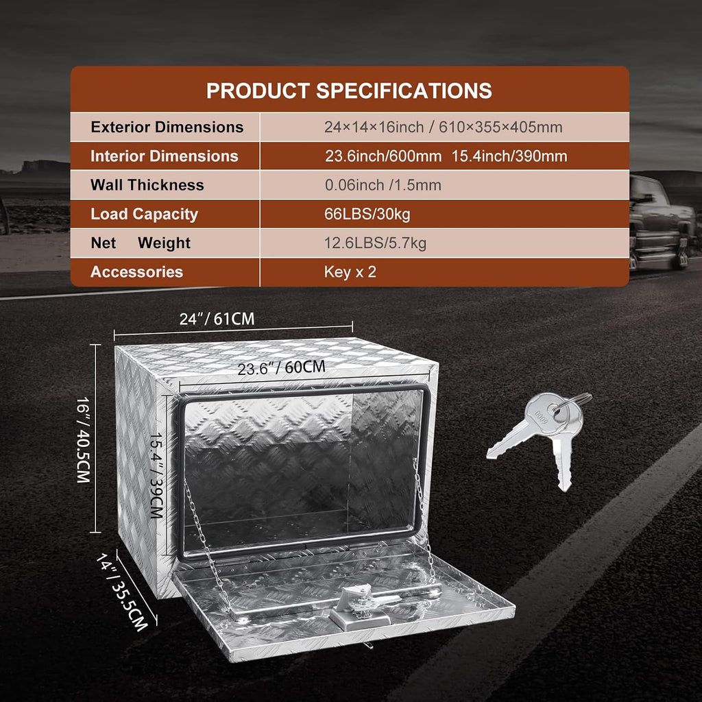 VEVOR Underbody Truck Box, 24"×14"×16" Pickup Storage Box, Heavy Duty Aluminum Diamond Plate Tool Box with Lock and Keys, Waterproof Trailer Storage
