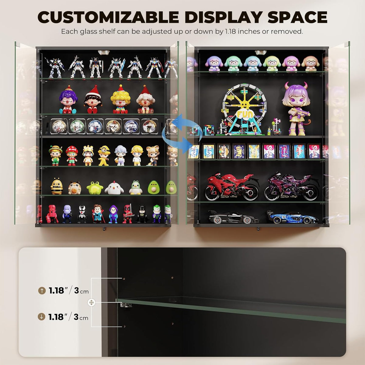 Wall Display Case with Glass Doors, Sports Card Display Case