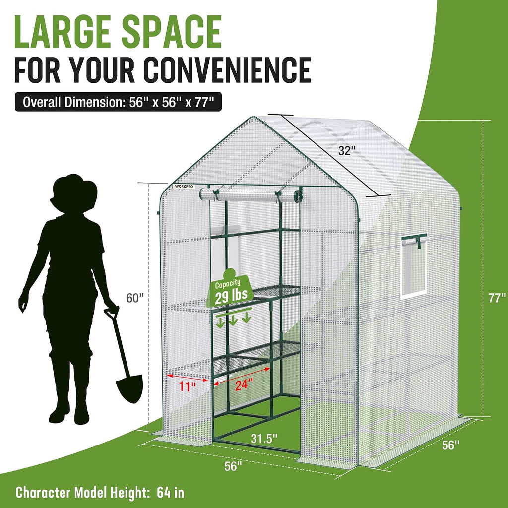 WORKPRO Greenhouse, Heavy Duty Walk-in Greenhouse (56” x 56” x 77”)