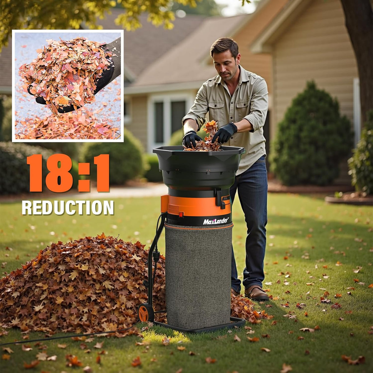 MAXLANDER Electric Leaf Mulcher/Shredder, 15 Amp 8400 RPM, 18:1 Ratio, Adjustable Dial, with Goggles, Leaf Scoops/Gloves, 20 Cutting Lines-Portable