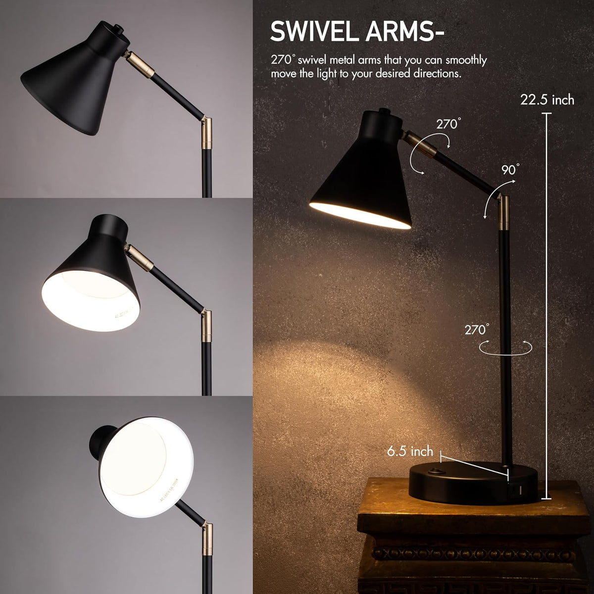 O'Bright Astrum - LED Desk Lamp with Dual USB Charging Ports, 100% Metal, 270 Degree Swivel Arms, Soft White Light (3000K), Bedside & Home Office