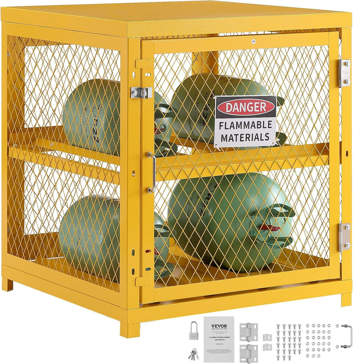 VEVOR Horizontal Cylinder Storage Cabinet, 4 Cylinder Capacity, 31x30x35 inch Propane Storage Cage, Gas Cylinder Cabinet with Yellow Powder Coat
