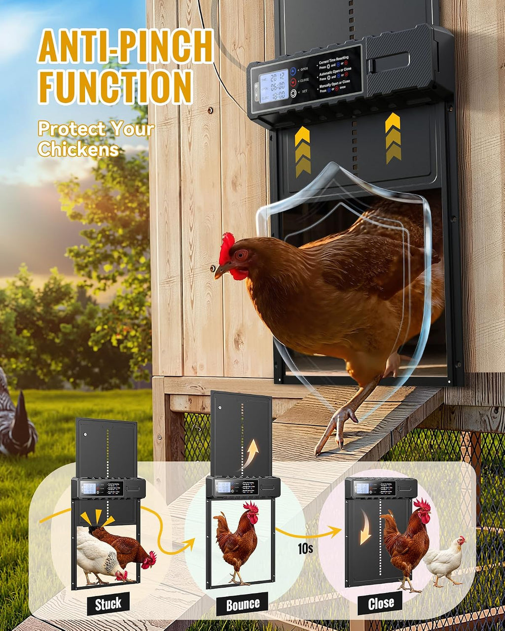 Automatic Chicken Coop Door Solar Powered XL Chicken Door 3 Modes