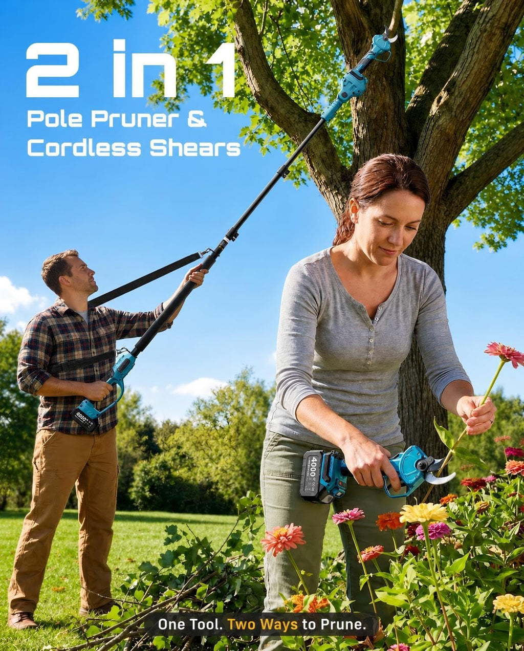 SEESII 2-in-1 Pole Pruning Shears, 1.6" Cutting Diameter Cordless Electric Pole Pruners, Brushless Motor, Dual 4.0Ah Batteries, Extra SK5 Blade, 4