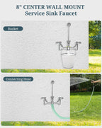Commercial Mop Sink Faucet with Vacuum Breaker, Wall Mount Service Sink Faucet, 8 Inch Adjustable Center, Pail Hook, Heavy-Duty Brass Utility Sink