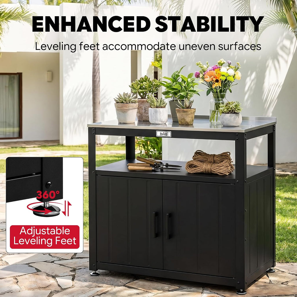 Feasto Metal Outdoor Potting Bench with Storage Cabinet for Garden Work