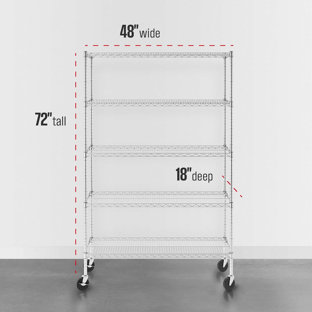 SafeRacks 5-Tier Wire Shelving with Wheels, NSF Heavy Duty 48x18x72 Rack