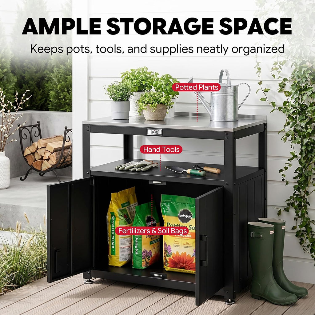 Feasto Metal Outdoor Potting Bench with Storage Cabinet for Garden Work
