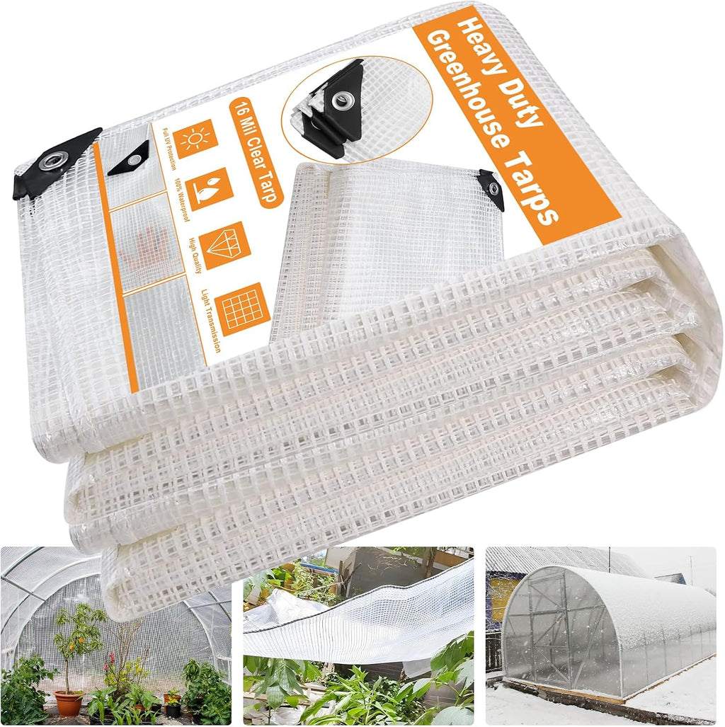 16 Mil Greenhouse Cover,Clear Plastic Tarp Heavy Duty Waterproof 10x20FT