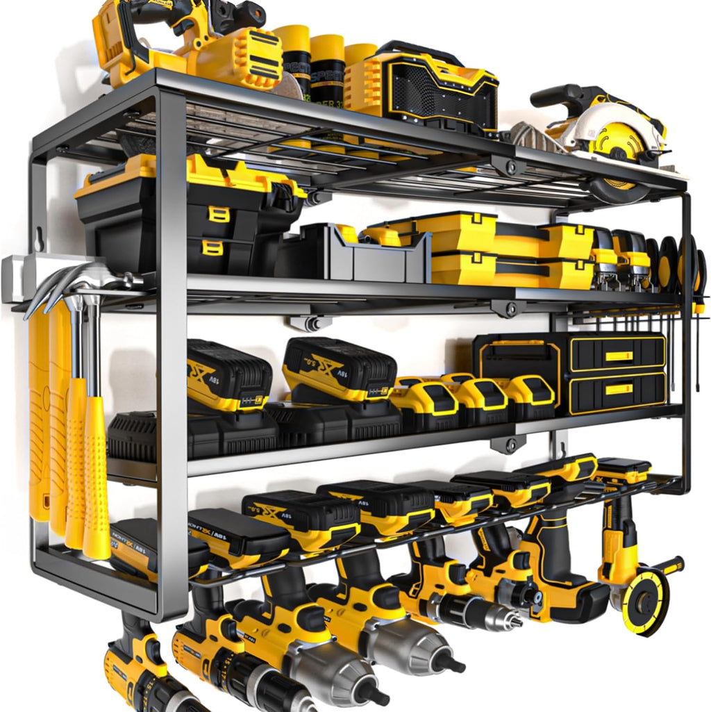4 Layer Power Tool Organizer Wall Mount, Cordless Drill Hanger Storage Rack, Battery Tools Holder with Charging Station Shelf for Garage Organization