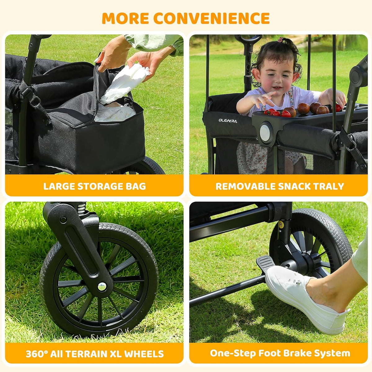 ELEMARA Foldable Wagon Stroller, Stroller Wagon for 2 Kids, Premium All Terrain Wagon for Kids with Removable Canopy, Adjustable Push/Pull Handle