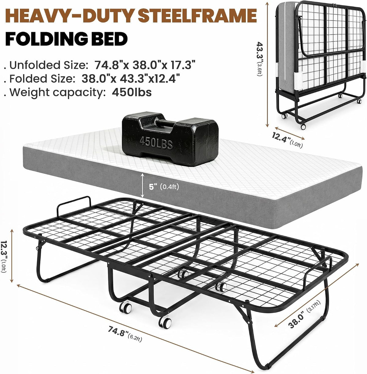 Folding Bed with Mattress, 75"x38" Portable Rollaway Guest Bed