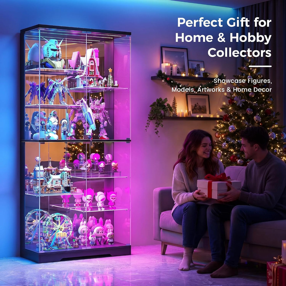 Lvifur 10-Tier Glass Display Cabinet with RGB Light and Motion Sensor,Black