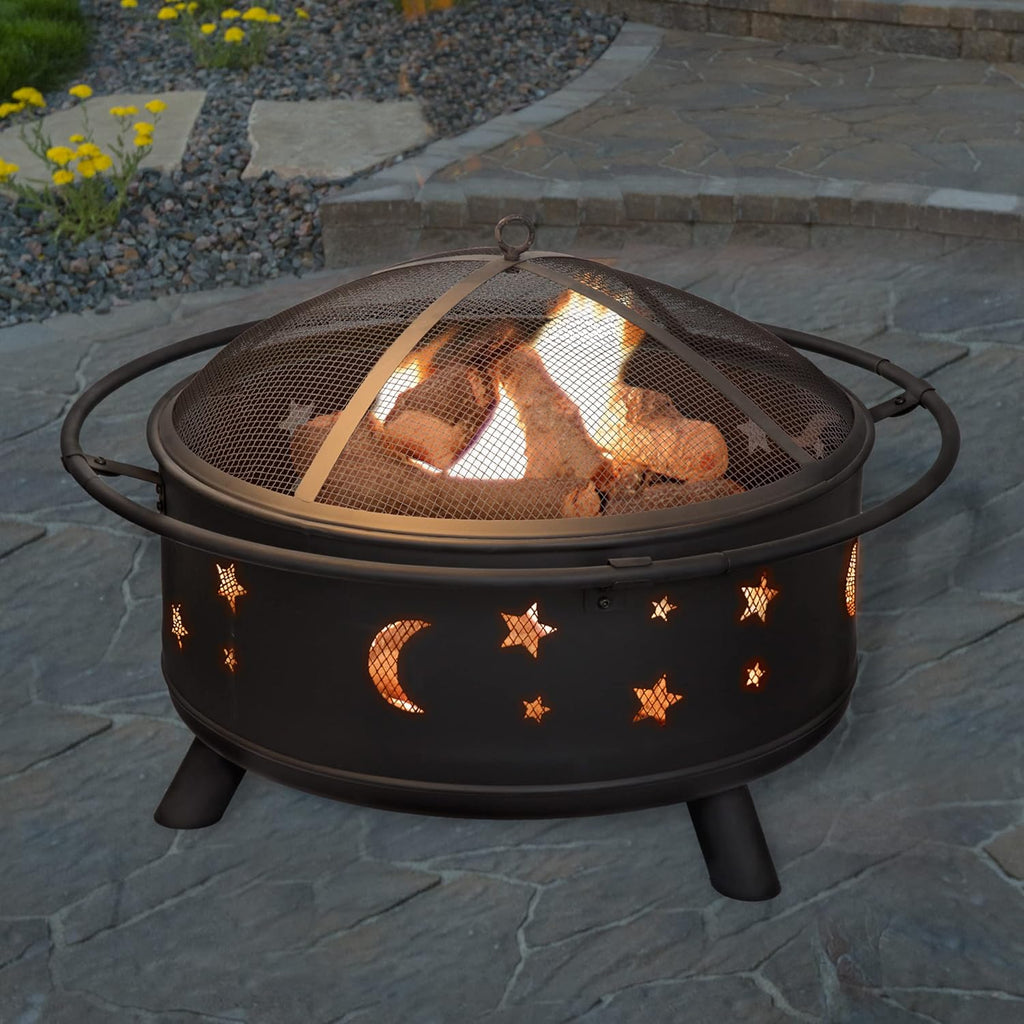 Pure Garden Round Outdoor Fire Pit with Star Cutouts, Black, 32-Inch