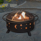 Pure Garden Round Outdoor Fire Pit with Star Cutouts, Black, 32-Inch