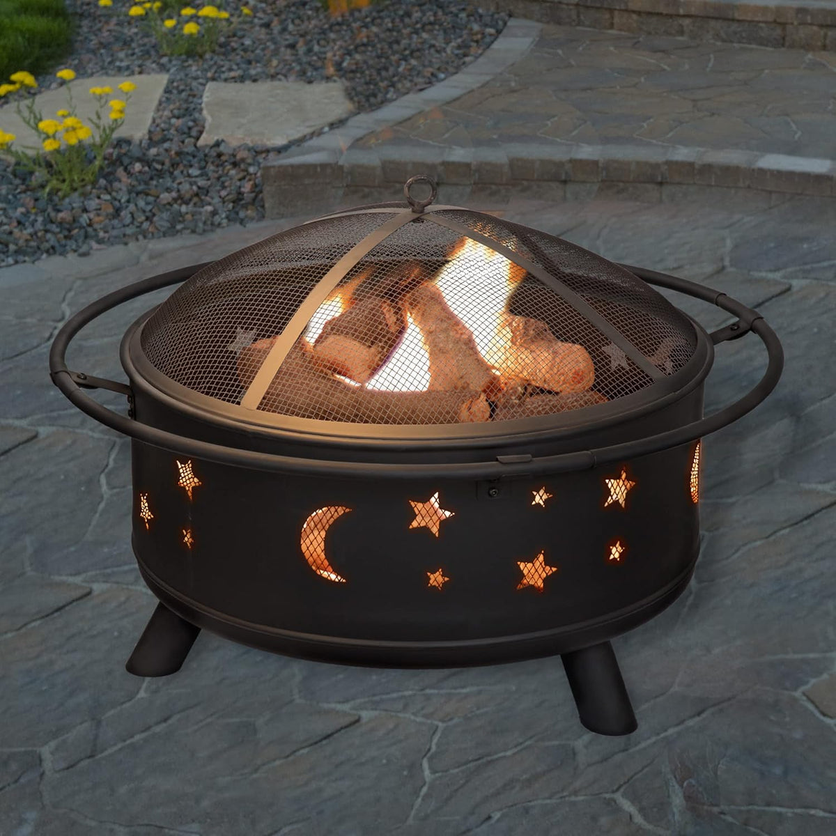 Pure Garden Round Outdoor Fire Pit with Star Cutouts, Black, 32-Inch