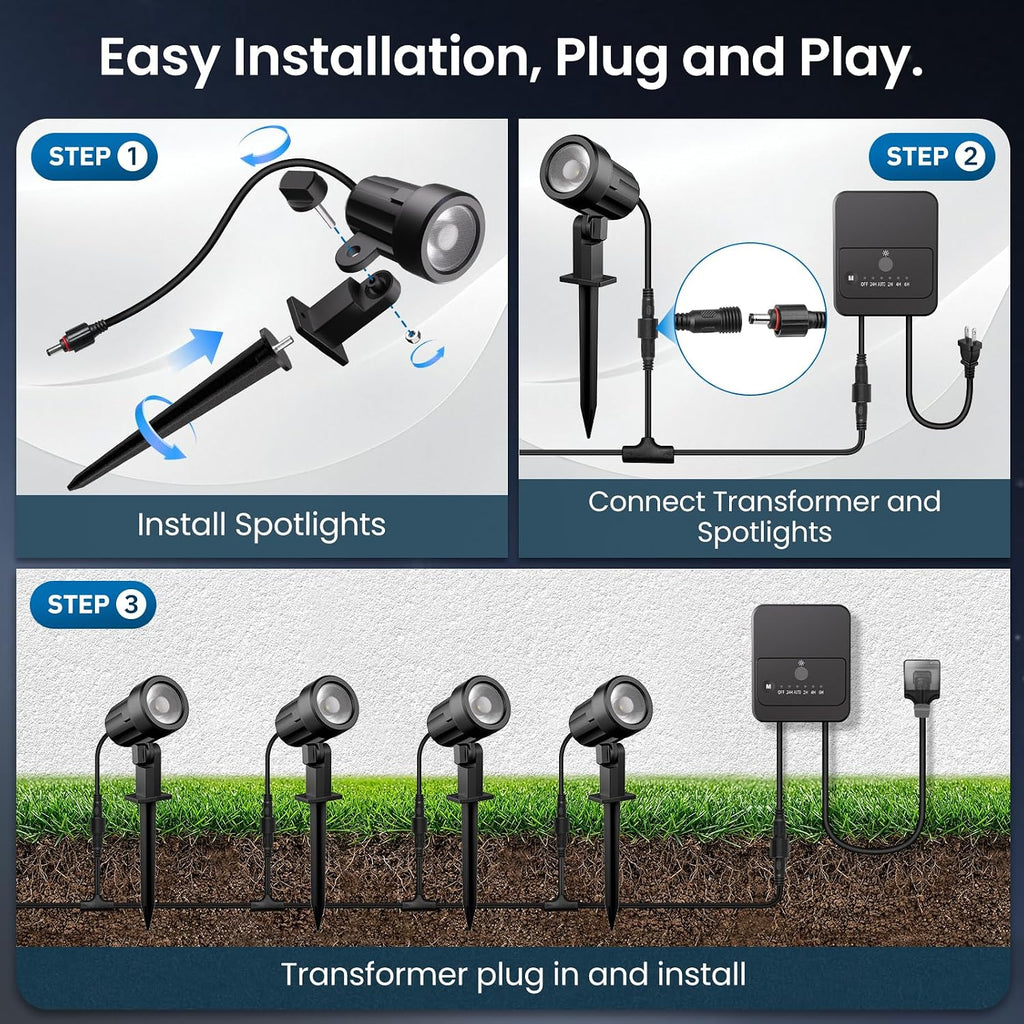 Low Voltage Landscape Lights Kit, Plug & Play 3W Warm White, 12-Pack