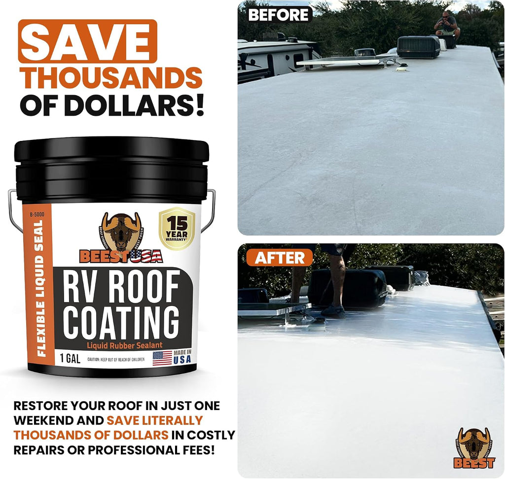 BEEST RV Roof Coating White, 1 Gallon Covers up to 50 sq ft (2 Coats), Solar Reflective & Waterproof Sealant| Elastomeric Leak Repair Coating, Liquid