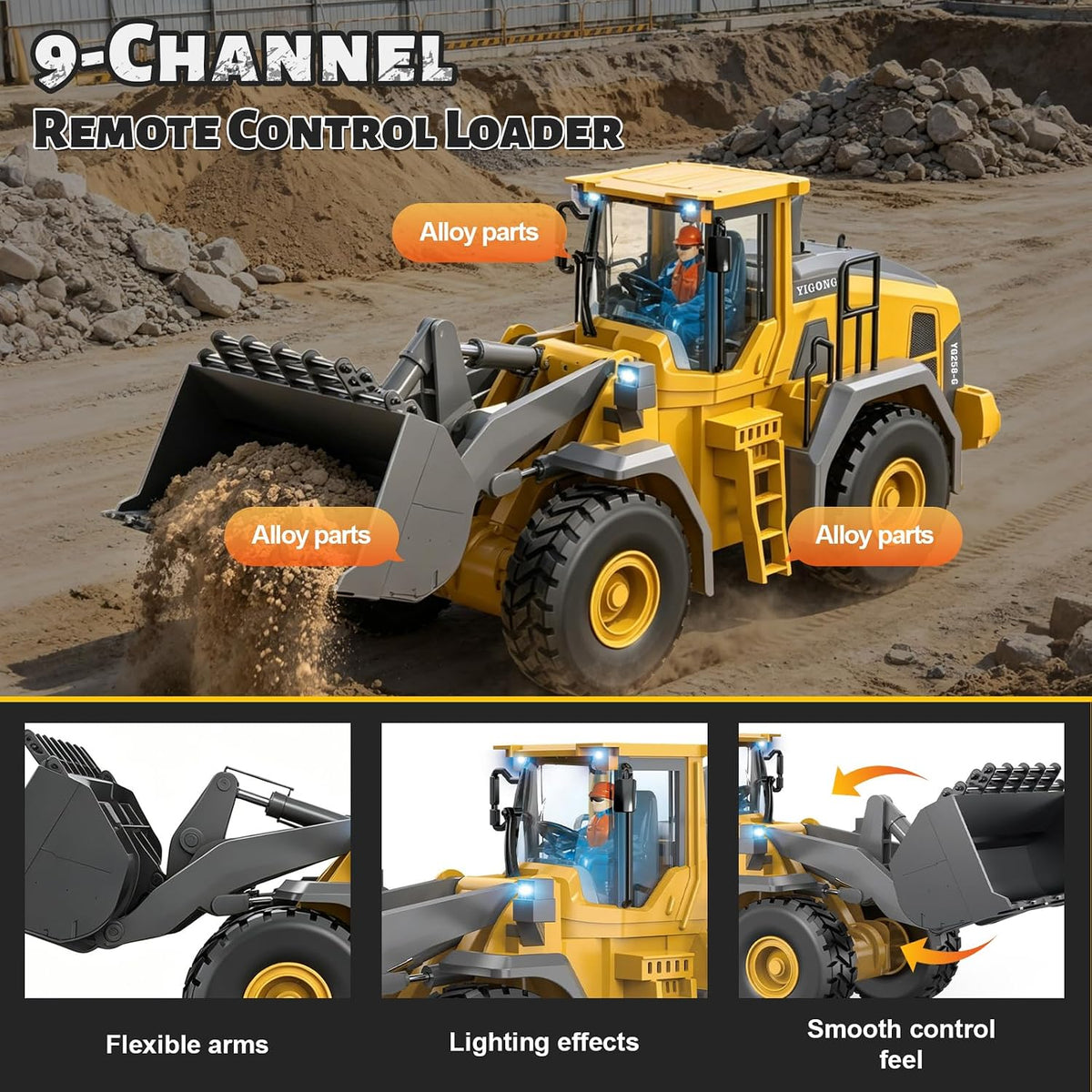 Remote Control Excavator (11-Channel), Dump Truck, Bulldozer, Loader (9-Channel), 2.4GHz Remote Control Construction Vehicles, Made of ABS, with Cool